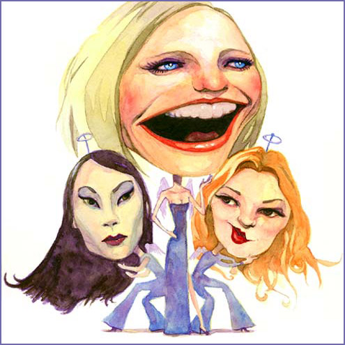 caricatures of lucy liu, cameron diaz, and drew barrymore